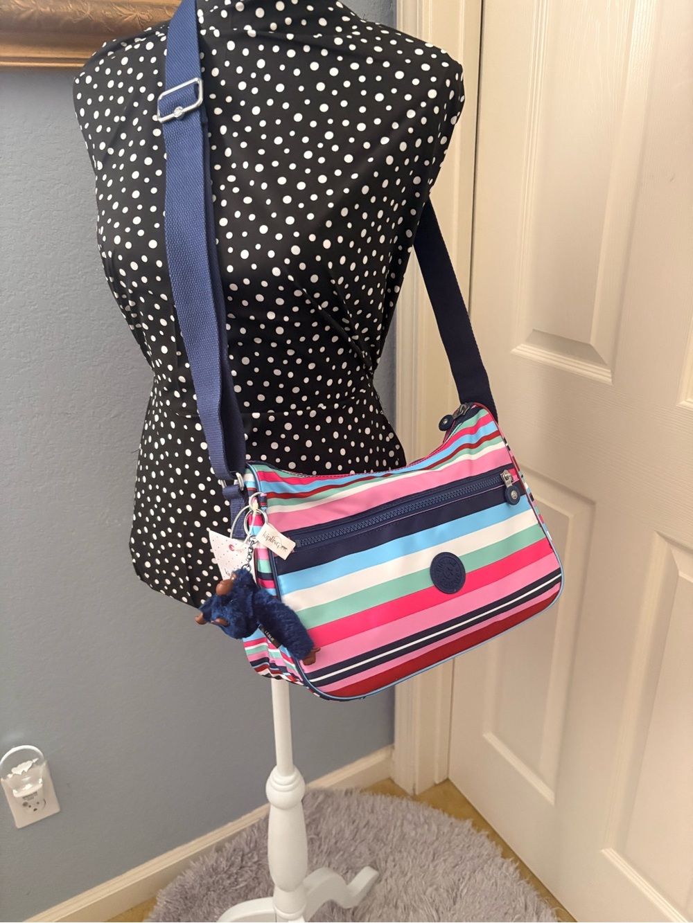 Kipling Multicolor Striped Crossbody Bag with Navy Strap